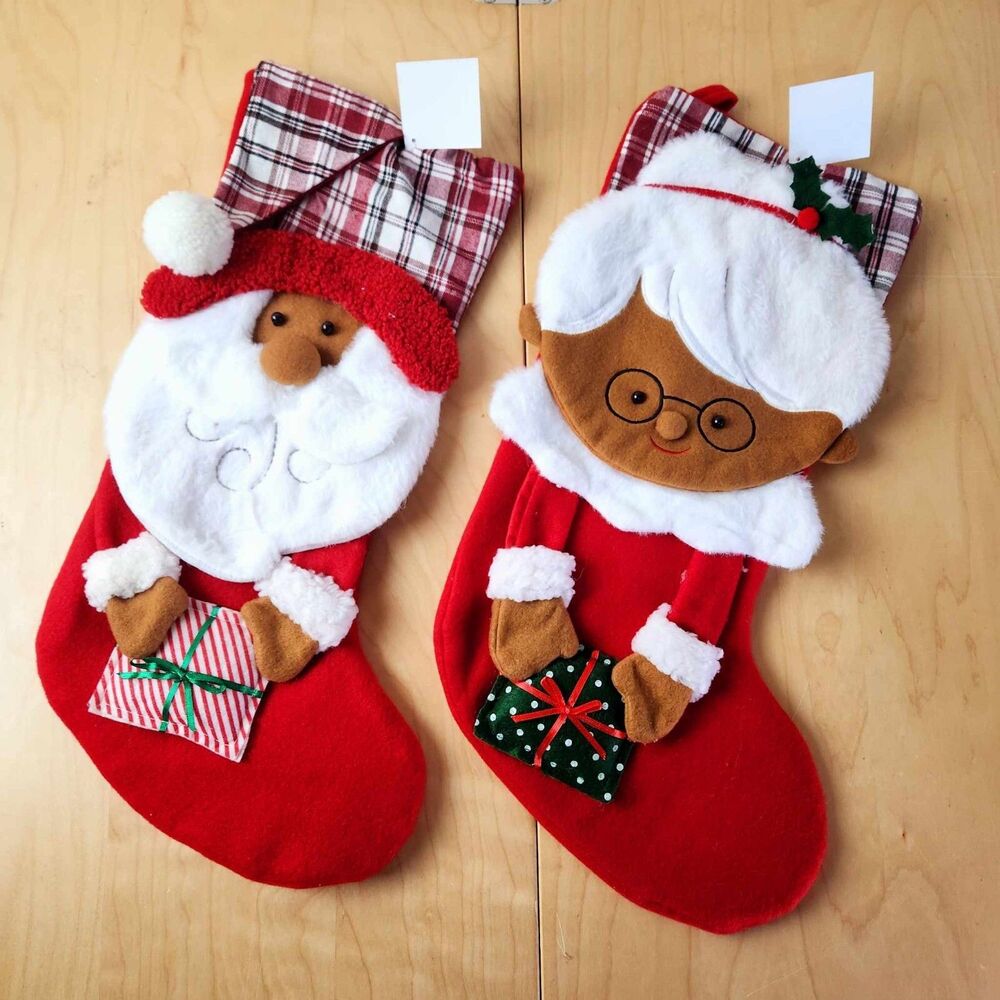 Hobby Lobby Tan Brown 3D Santa & Mrs Claus Christmas Stockings African American